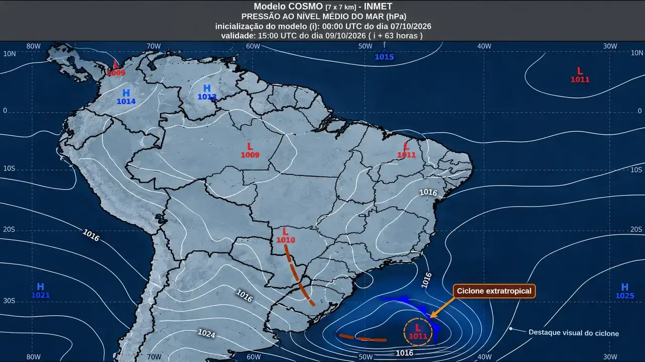 Mapa de pressão atmosférica destaca ciclone extratropical no Atlântico Sul.