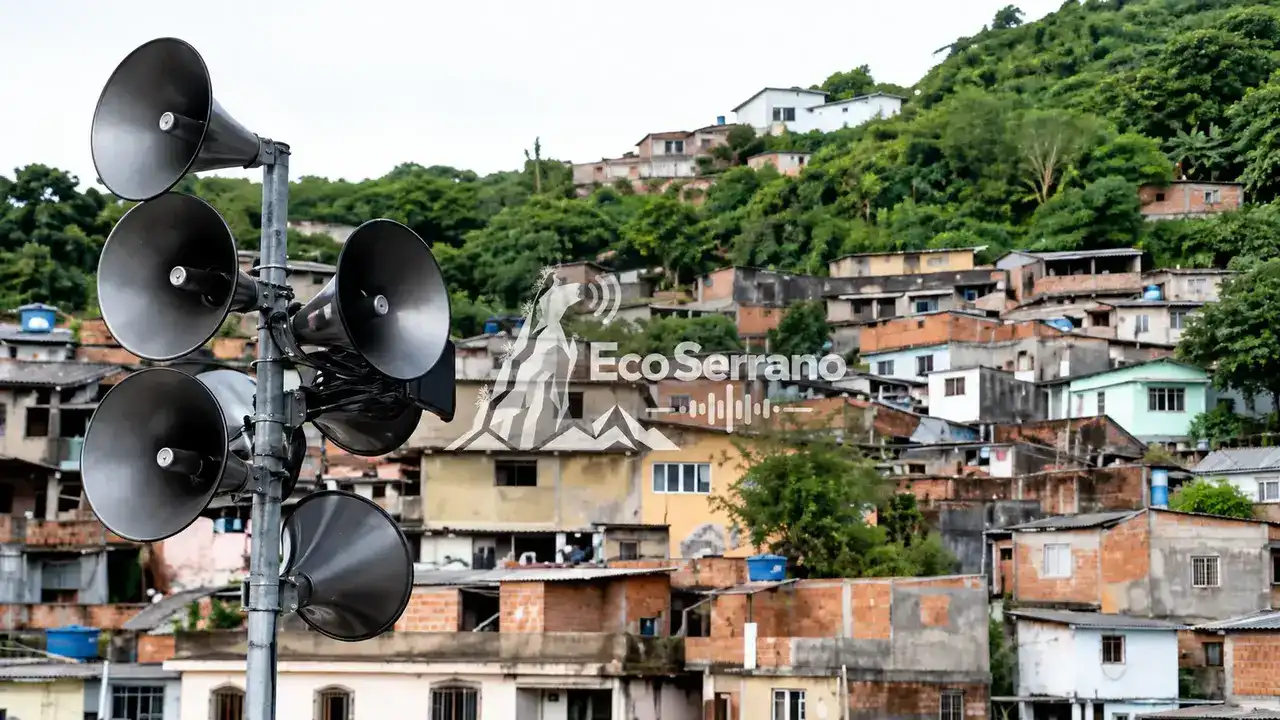 Sirenes instaladas em poste, com casas e vegetação em uma encosta ao fundo.