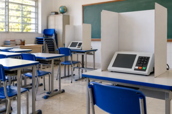 Duas urnas eletrônicas com divisórias sobre mesas em uma sala de aula com cadeiras azuis.