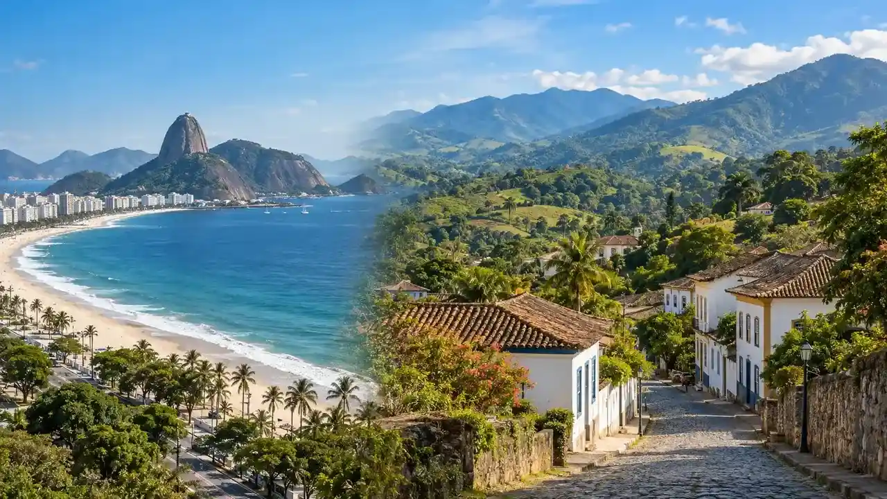 Composição de praia, montanhas verdes e casario colonial.