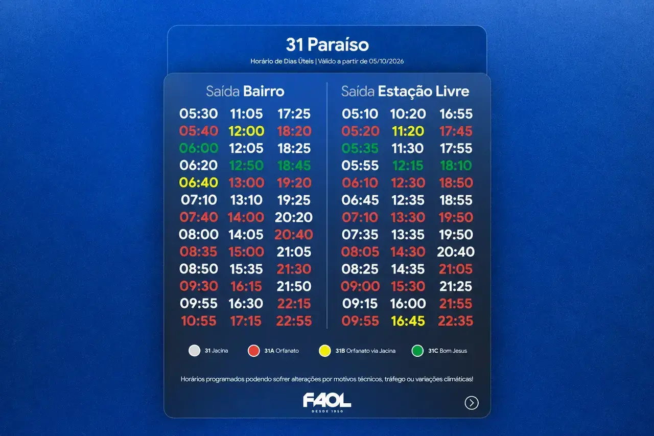 Tabela da FAOL com horários de dias úteis do quadro 31 Paraíso, saídas do bairro e da Estação Livre.