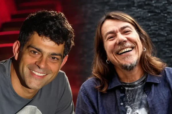 Montagem horizontal com Eduardo Moscovis à esquerda e Lenine à direita, ambos sorrindo.