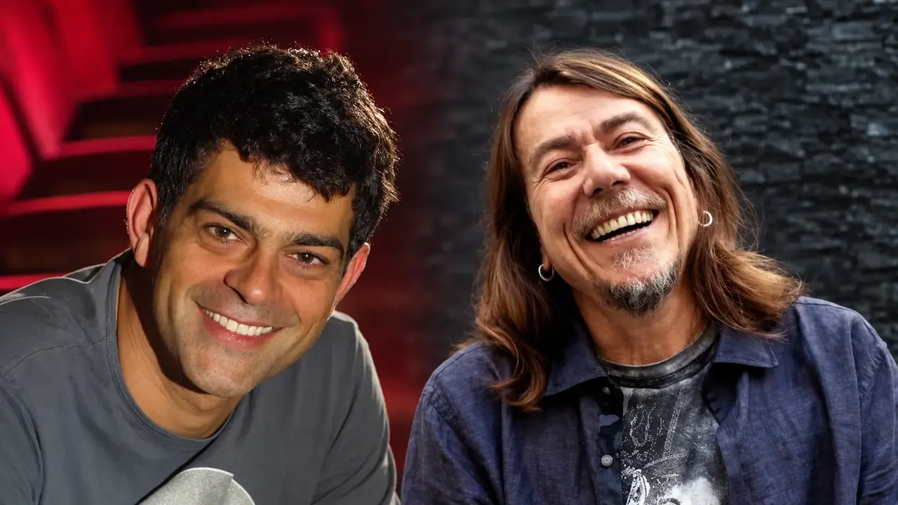 Montagem horizontal com Eduardo Moscovis à esquerda e Lenine à direita, ambos sorrindo.