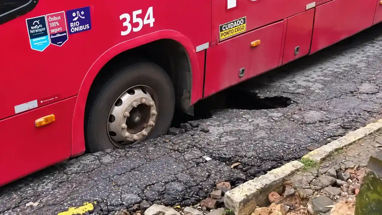 Ônibus vermelho com uma roda afundada em buraco no asfalto, próximo ao meio-fio.
