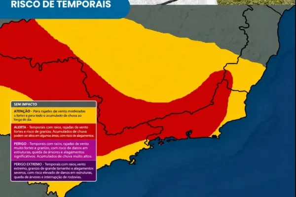Mapa com áreas de risco de temporais destacadas em amarelo e vermelho e legenda de severidade.