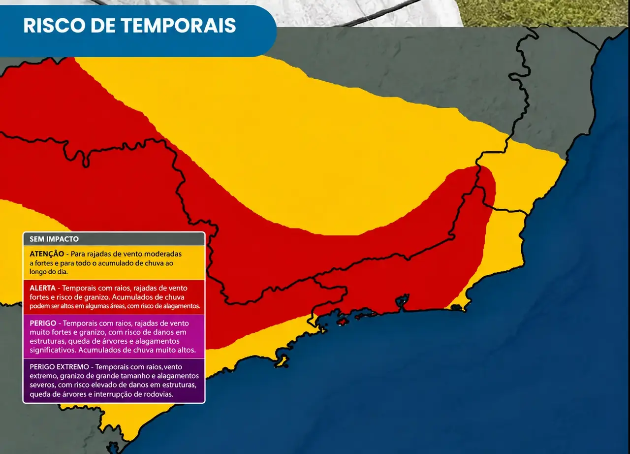 Mapa com áreas de risco de temporais destacadas em amarelo e vermelho e legenda de severidade.
